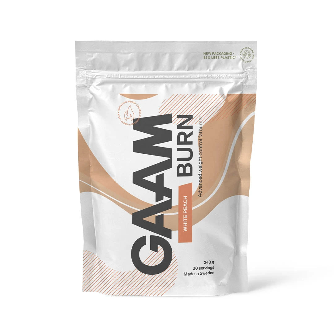 GAAM Burn 240 g -rasvanpolttaja valkoisessa pussissa persikanvärisillä kuvioilla, makuna White Peach.