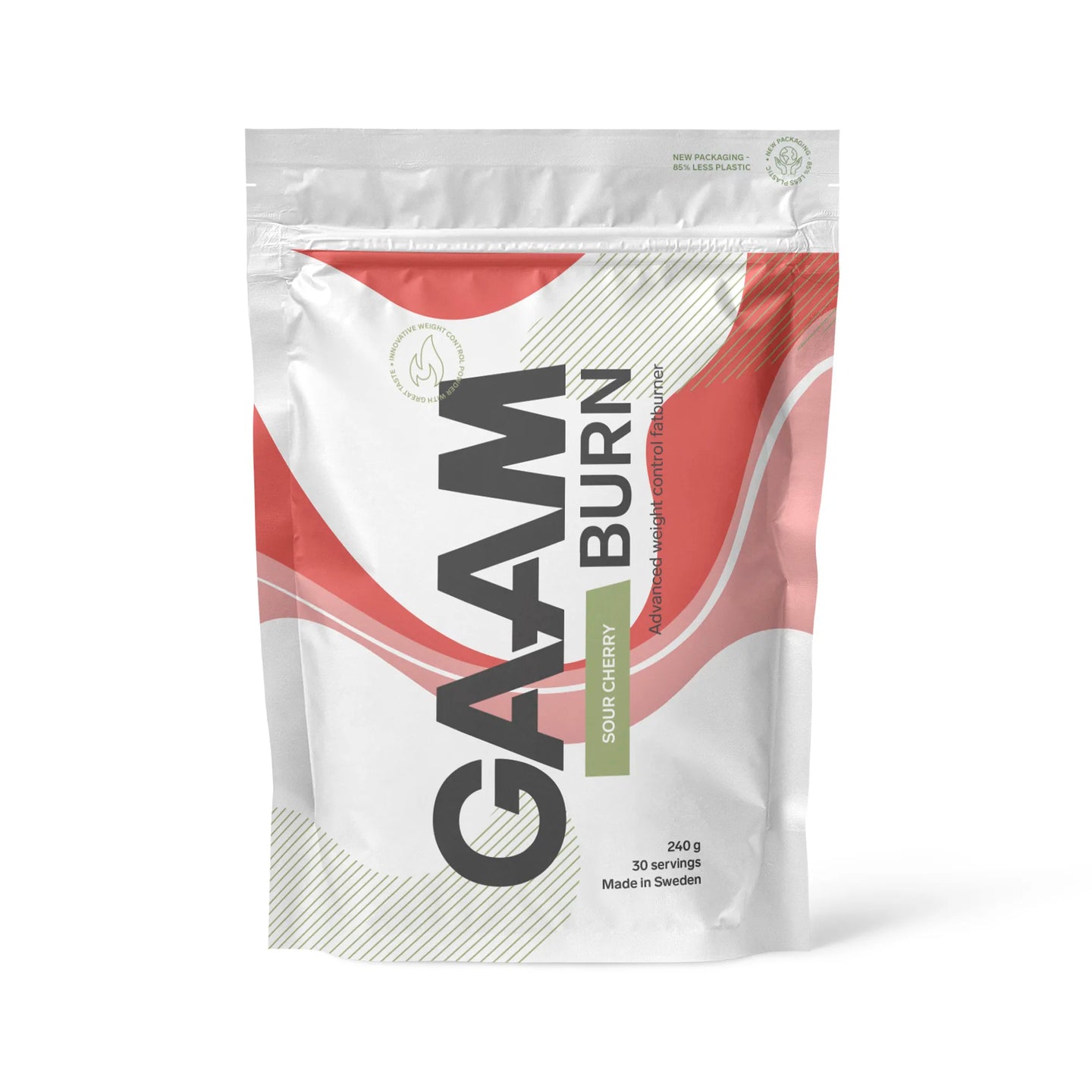 GAAM Burn 240 g -jauhe valkoisessa pussissa punaisilla yksityiskohdilla, makuna Sour Cherry., kuva 5/7