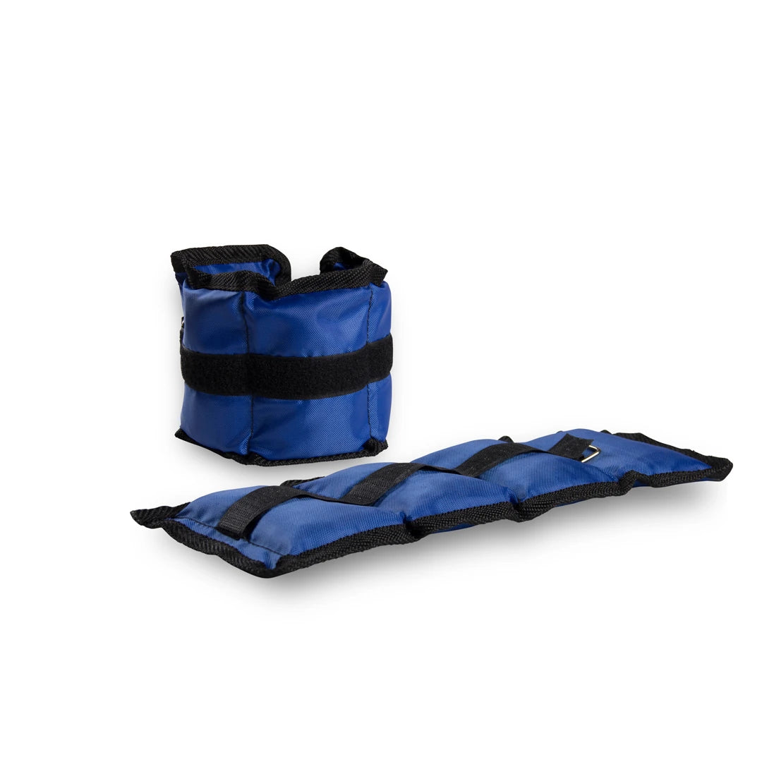 Siniset nyloniset Virtufit Ankle/Wrist Weights 2 x 1 kg -ranne- ja nilkkapainot mustilla tarranauhoilla.