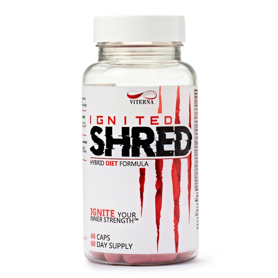 Viterna Ignited Shred 60 caps -rasvanpolttaja läpinäkyvässä purkissa valkoisella etiketillä ja punaisilla yksityiskohdilla.