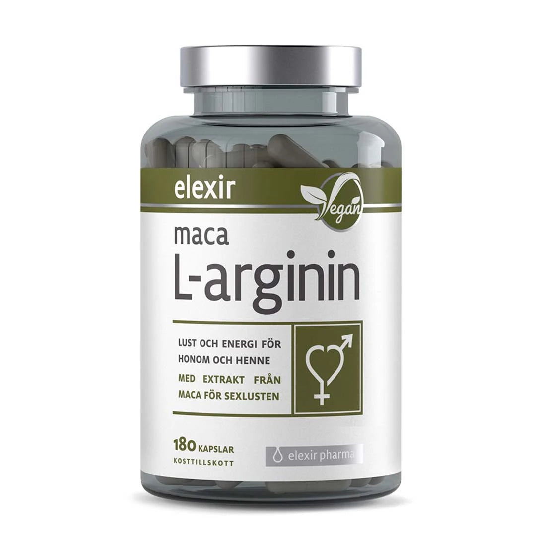 Elexir Pharma Maca L-arginin 180 caps läpinäkyvässä muovipurkissa, jossa on hopeanvärinen kansi ja valkoinen etiketti vihreillä yksityiskohdilla.