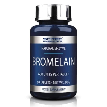 Scitec Nutrition Bromelain 90 caps tummansinisessä purkissa, jossa on hopeanvärinen kansi ja etiketti.