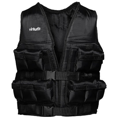 Musta Virtufit Adjustable Weight Vest 10 kg -painoliivi kestävästä nailonista, säädettävillä hihnoilla ja taskuilla.