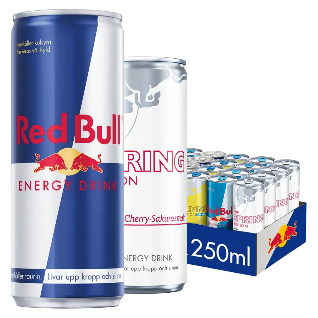 24 x Red Bull Energiajuoma 250 ml -sekalava, jossa on kaksi tölkkiä sinisen, eri makuja sisältävän laatikon edessä.