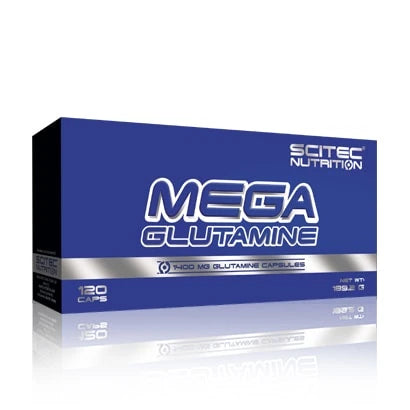 Scitec Nutrition Mega Glutamine 120 caps -aminohappolisä sinisessä kartongissa hopeisilla yksityiskohdilla.