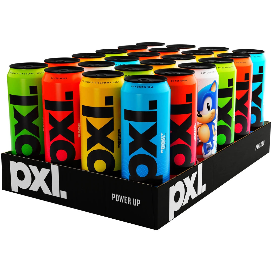 24 x PXL Energy 500 ml Mixflak mustassa laatikossa, jossa on värikkäitä erimakuisia energiajuomatölkkejä.