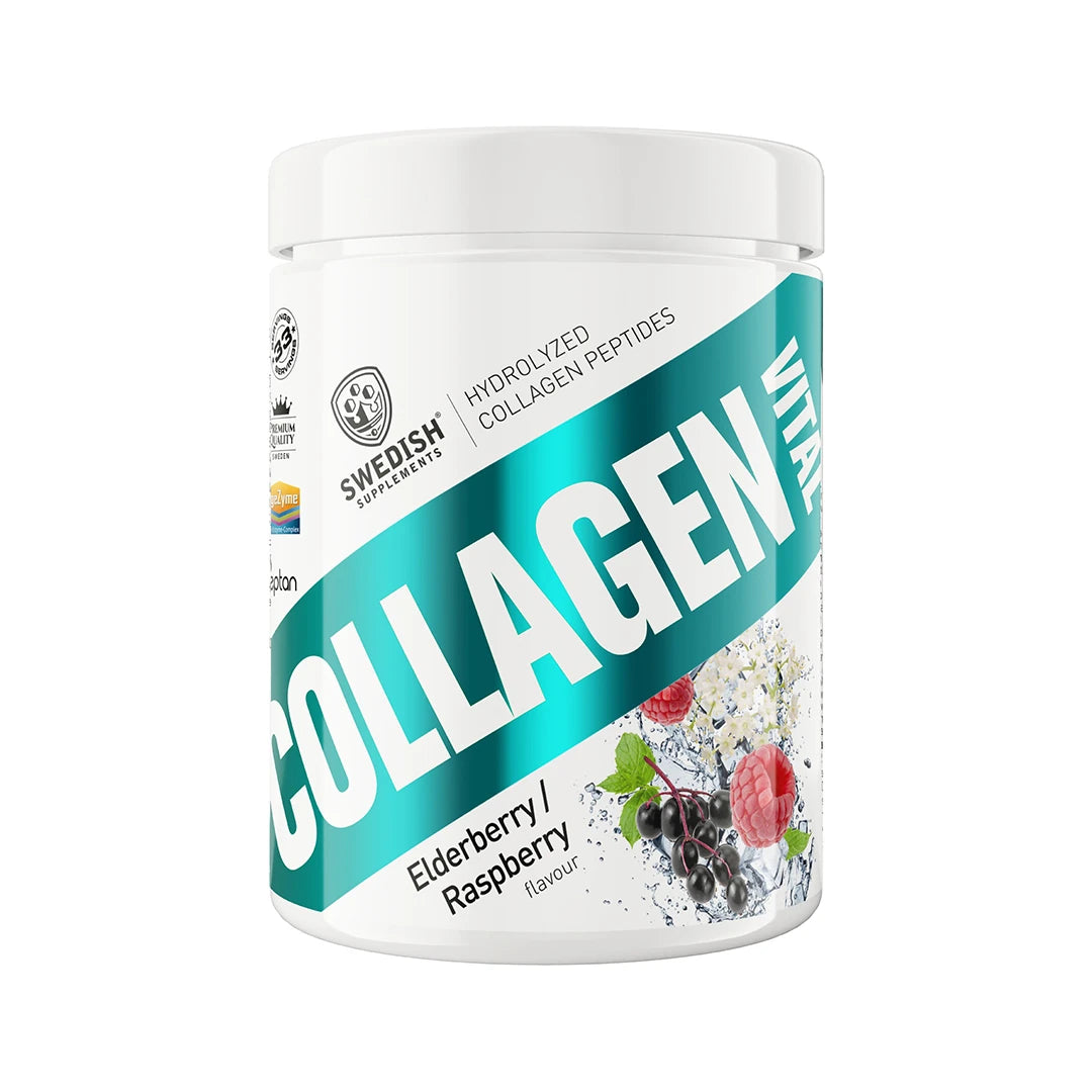 Swedish Supplements Collagen Vital 400 g -kollageenijauhe valkoisessa purkissa, makuna Elderberry Raspberry.