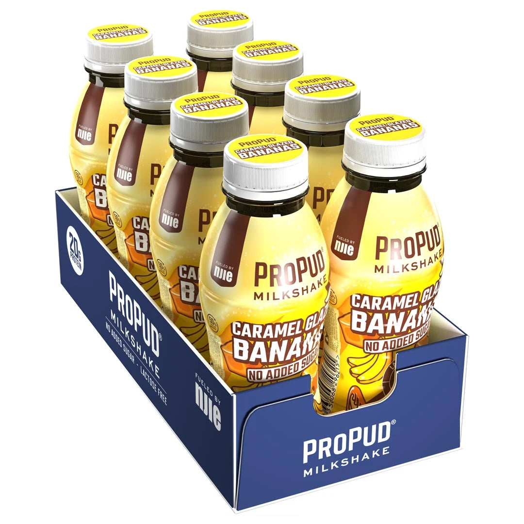 8 x NJIE ProPud Protein Milkshake 330 ml Caramel Glazed Bananas tummansinisessä laatikossa, jossa on keltaisia pulloja.