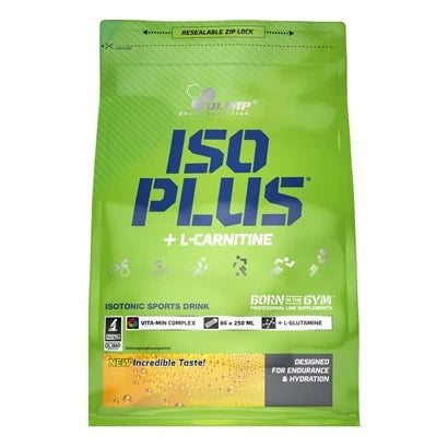 Olimp Iso Plus 1.5 kg isotoninen urheilujuoma vihreässä uudelleensuljettavassa pussissa, jossa on sininen teksti.