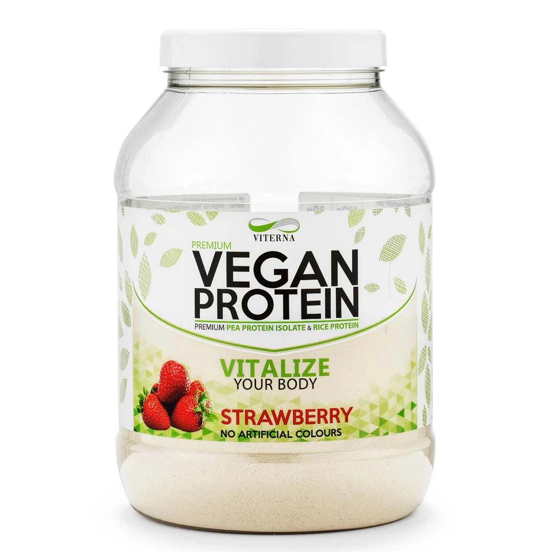 Viterna Vegan Protein 900 g -vegaaninen proteiinijauhe läpinäkyvässä purkissa valkoisella etiketillä ja maulla Strawberry.