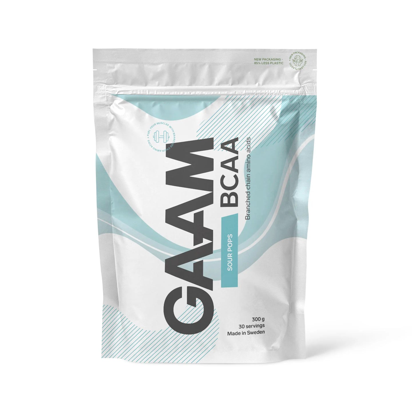 GAAM BCAA 300 g -aminohappojauhe valkoisessa pussissa vaaleansinisillä yksityiskohdilla, makuna Sour Pops.
