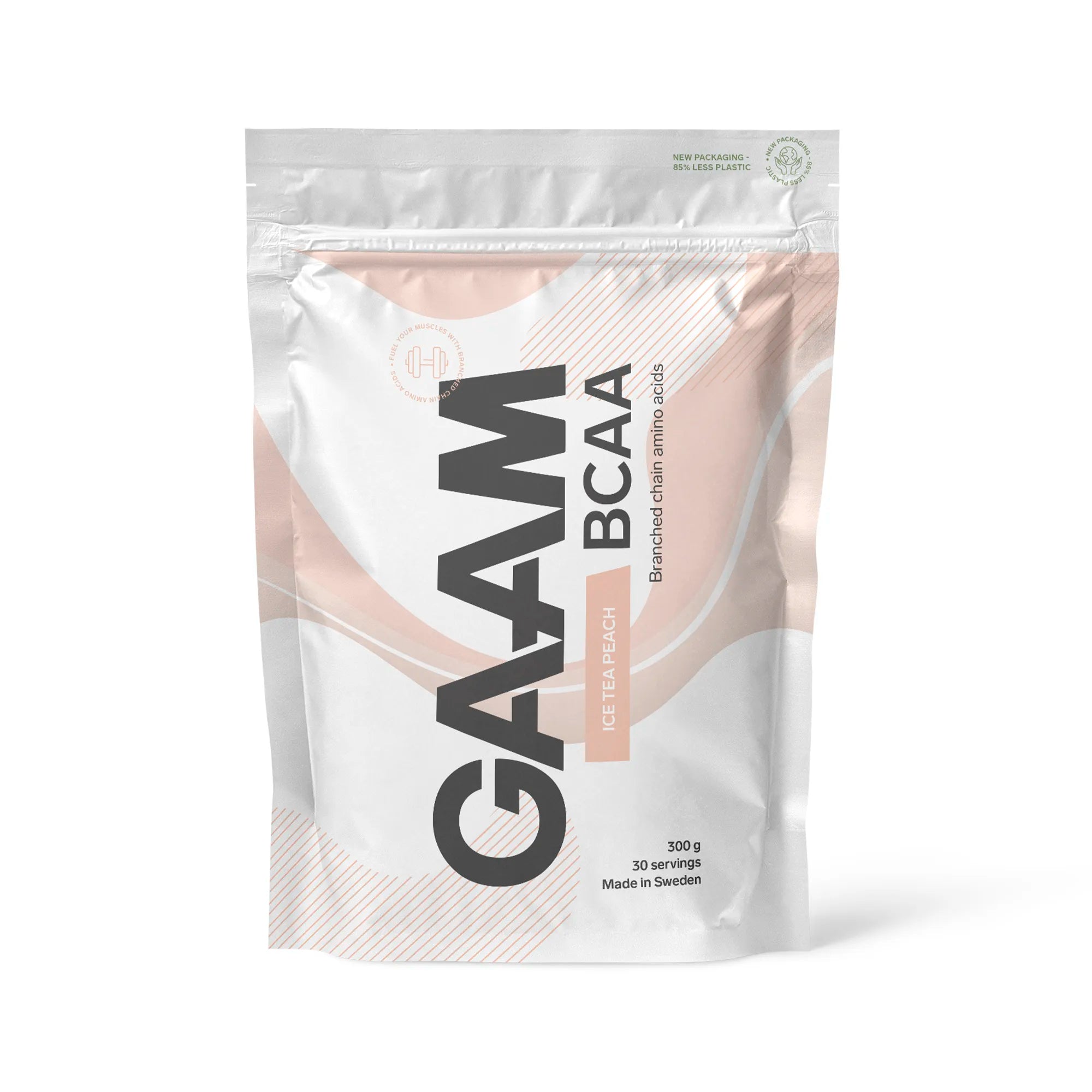 GAAM BCAA 300 g -jauhe makuna Ice Tea Peach, valkoisessa pussissa persikanvärisillä yksityiskohdilla.