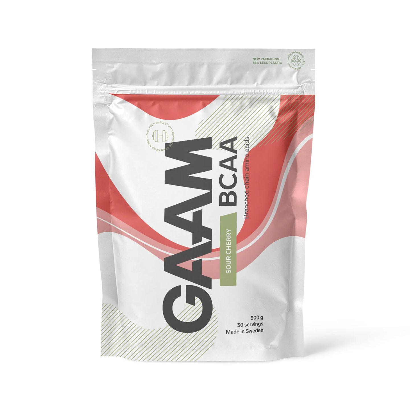 GAAM BCAA 300 g -aminohapot valkoisessa pussissa punaisilla yksityiskohdilla, makuna Sour Cherry.