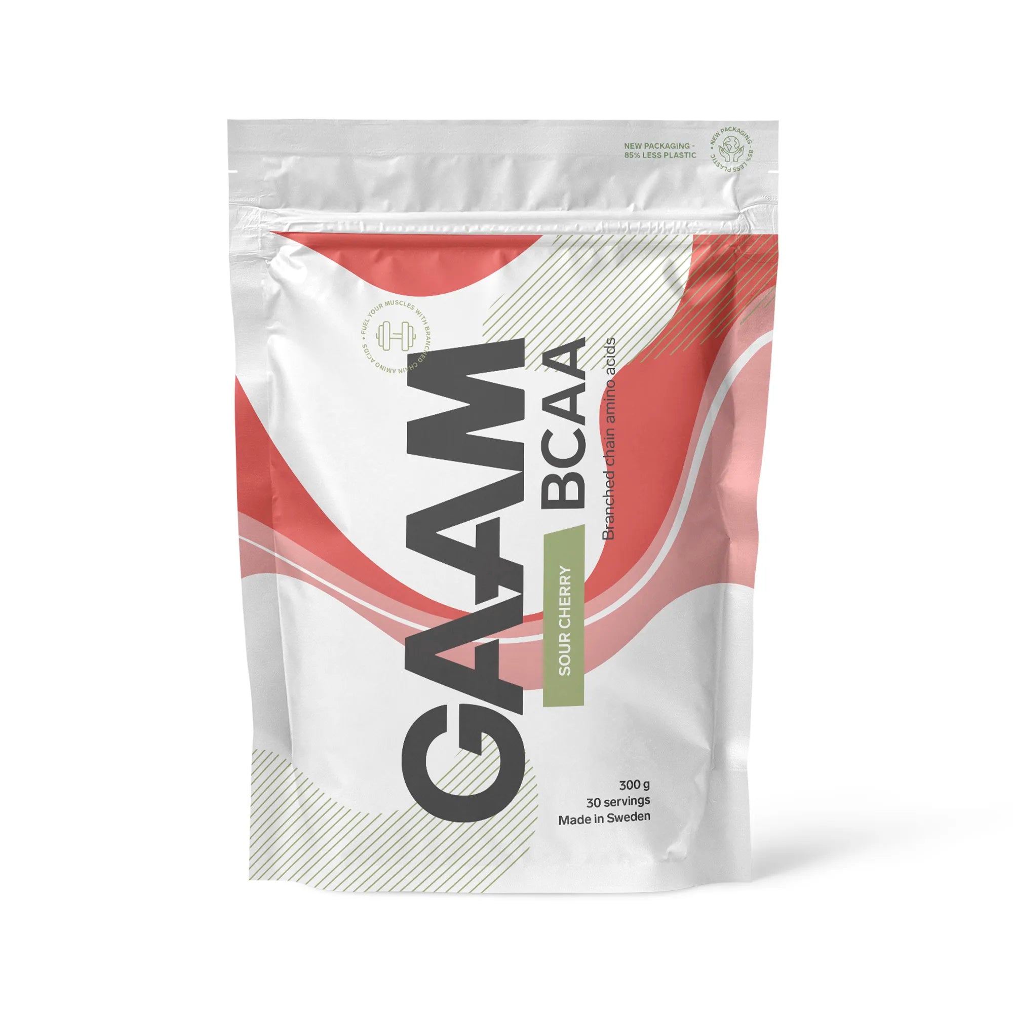 GAAM BCAA 300 g -aminohapot valkoisessa pussissa punaisilla yksityiskohdilla, makuna Sour Cherry.