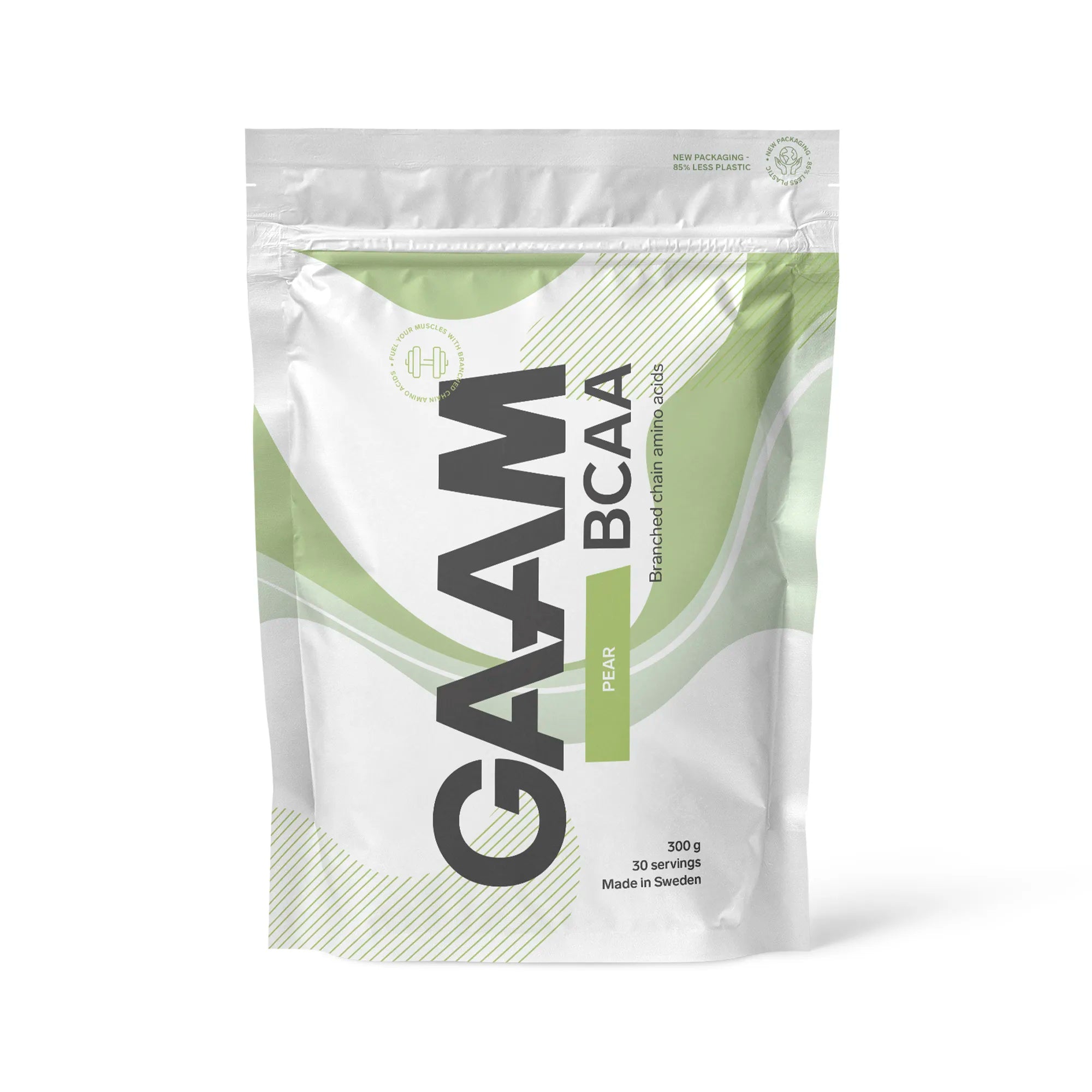GAAM BCAA 300 g -aminohapot valkoisessa pussissa vaaleanvihreillä yksityiskohdilla, makuna Pear.