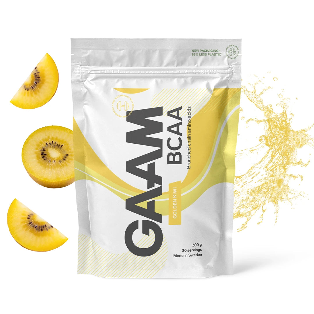 GAAM BCAA 300 g -aminohapot makuna Golden Kiwi, valkoisessa pussissa keltaisilla yksityiskohdilla.
