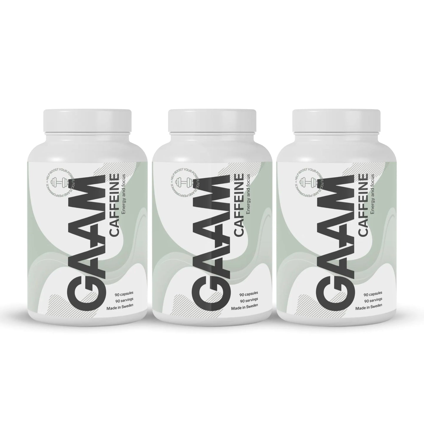 3 x GAAM Caffeine 90 tabs kolmessa valkoisessa purkissa mustilla kirjaimilla ja vihreänsävyisillä kuvioilla.