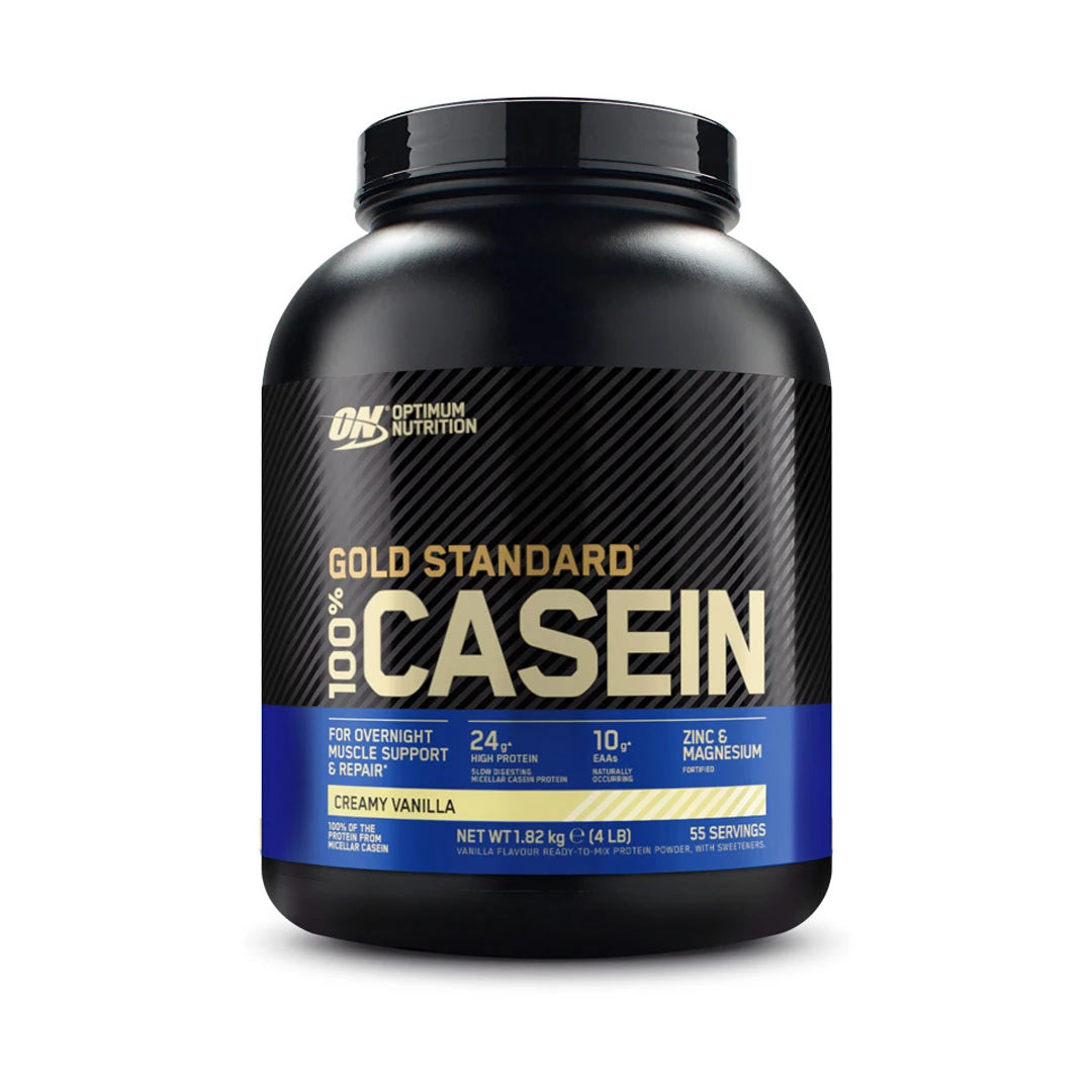 Optimum Nutrition 100% Casein Gold Standard 1.8 kg -proteiinijauhe mustassa purkissa, makuna Creamy Vanilla.