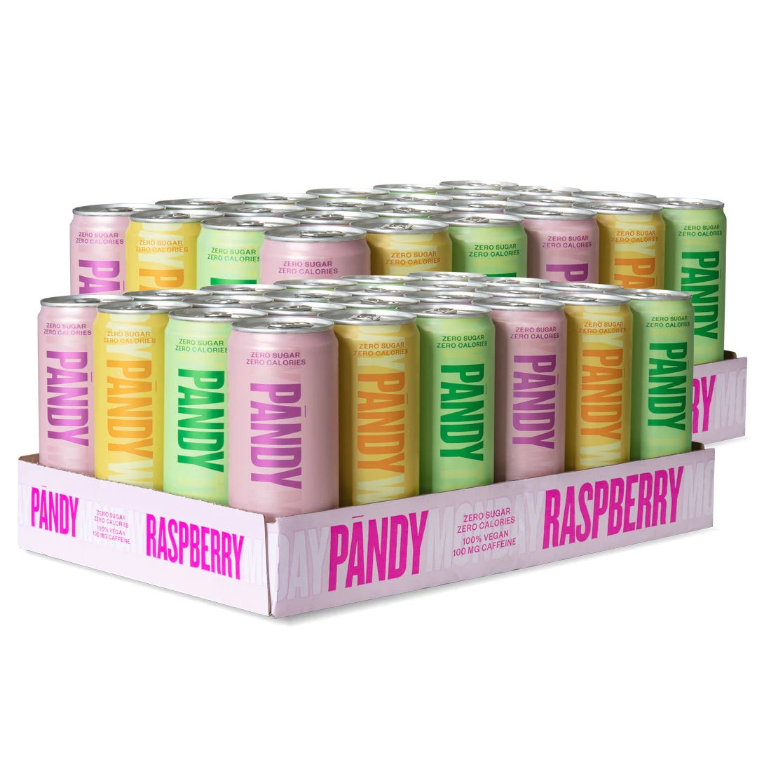 48 x Pändy Soda Energy Drink 330 ml Mixflak kahdella valkoisella alustalla täynnä pinkkejä, keltaisia ja vihreitä tölkkejä.