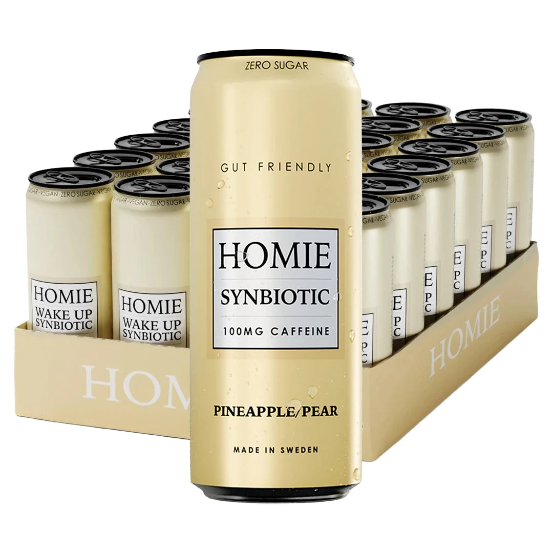 24 x Homie Wake Up Synbiotic 330 ml Pineapple Pear beigessä laatikossa, jossa on vaaleankeltaisia tölkkejä.