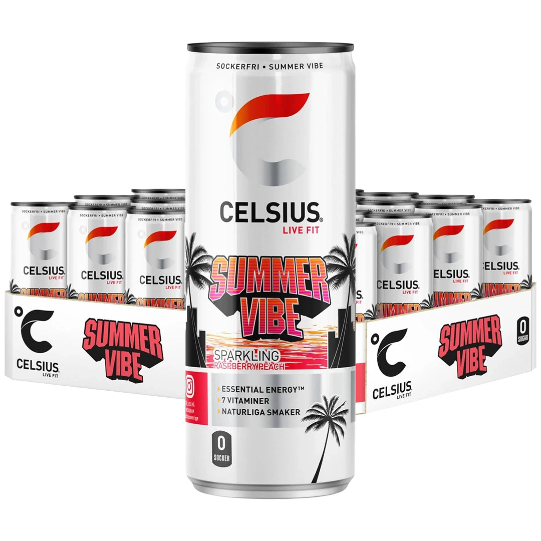 24 x Celsius 355 ml Summer Vibe - Raspberry Peach SUPER DEAL -lava valkoisia tölkkejä kesäisillä palmukuvioilla., kuva 1/1