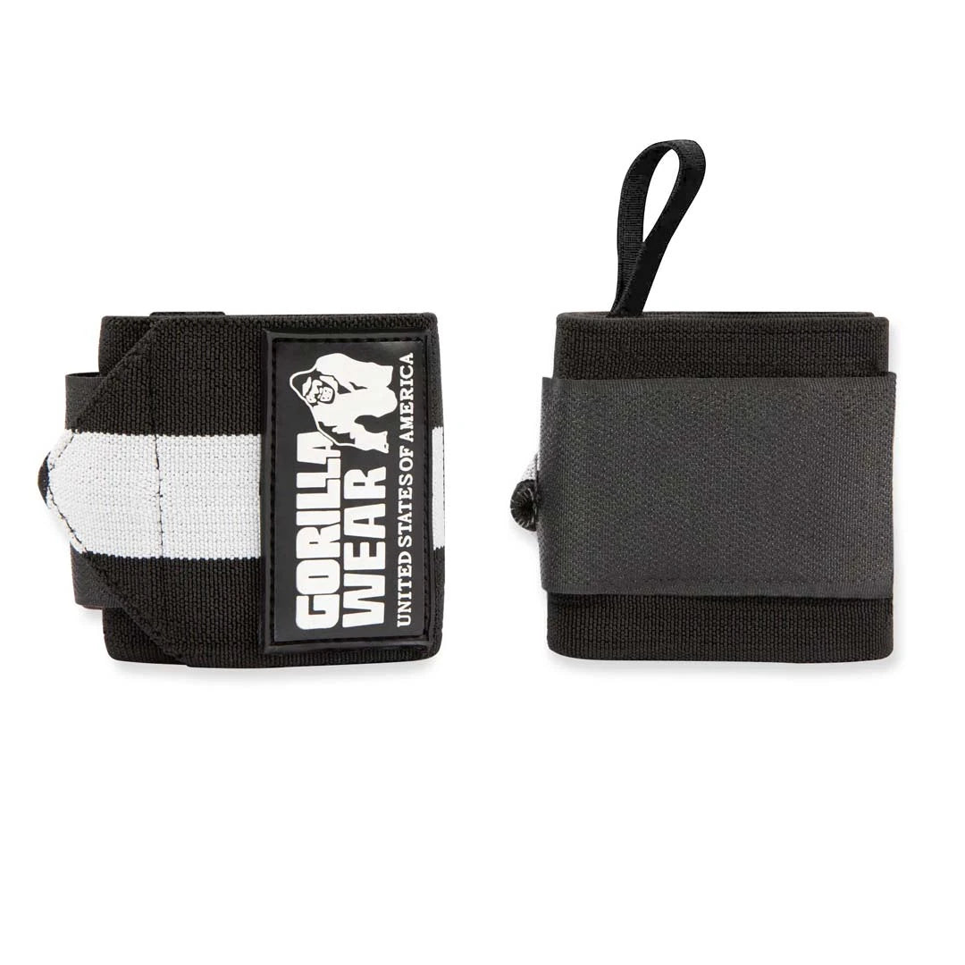 Gorilla Wear Wrist Wraps Ultra Black/White, mustat joustavat rannetuet valkoisilla yksityiskohdilla.