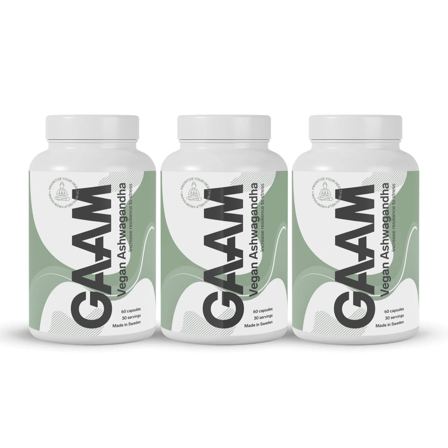 3 x GAAM Vegan Ashwagandha 60 caps kolmessa valkoisessa purkissa vihreillä ja mustilla yksityiskohdilla.