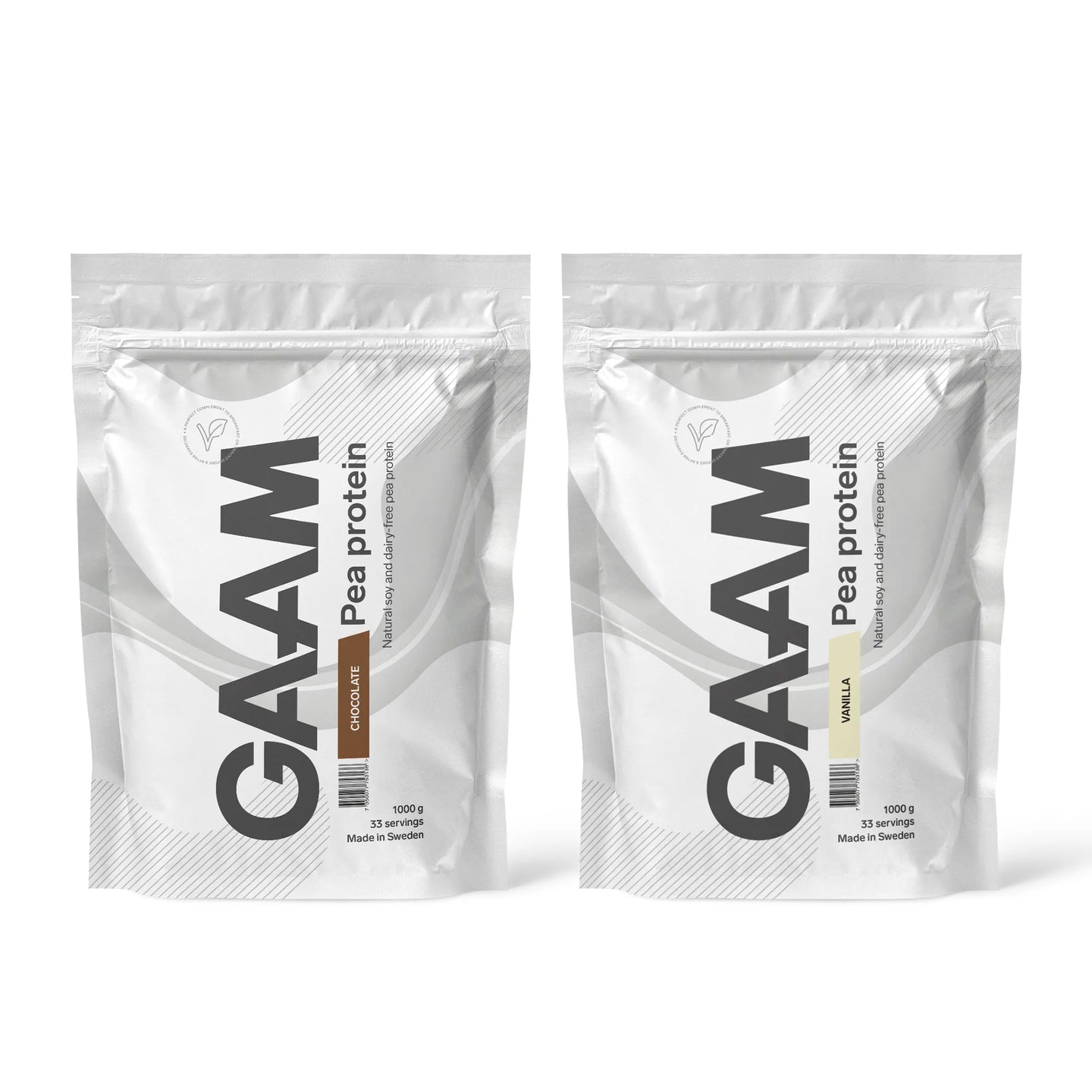 2 x GAAM Pea Protein 1 kg -vegaaninen proteiinijauhe kahdessa valkoisessa pussissa, makuina Chocolate ja Vanilla.