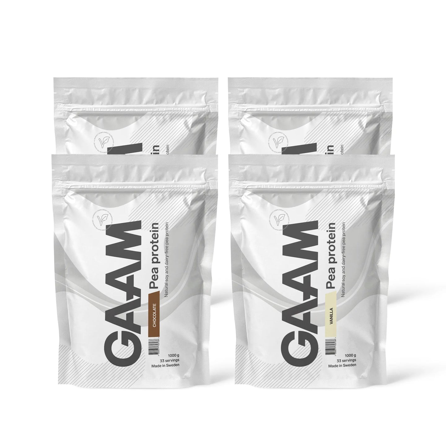 4 x GAAM Pea Protein 1 kg valkoisissa pusseissa mustilla yksityiskohdilla mauissa Chocolate ja Vanilla.