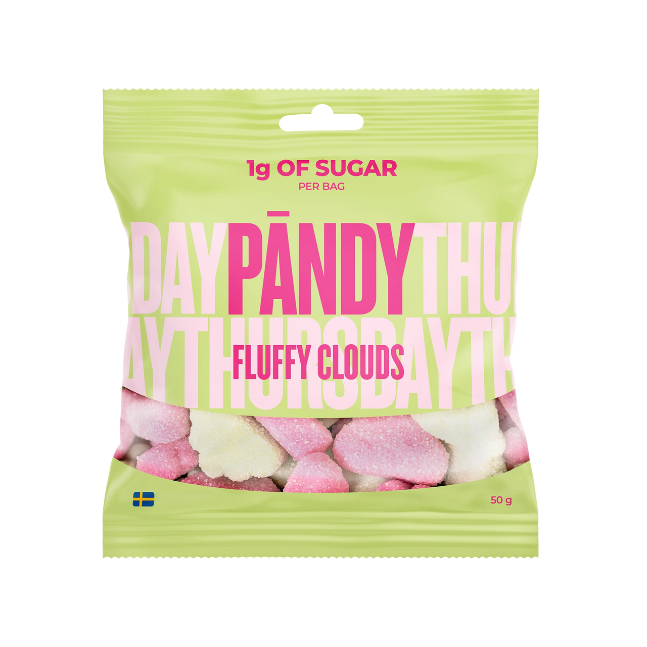 Pändy Candy 50 g Fluffy Clouds -vaahtokarkkeja vaaleanvihreässä pussissa pinkillä tekstillä, makuna ahomansikka ja omena.