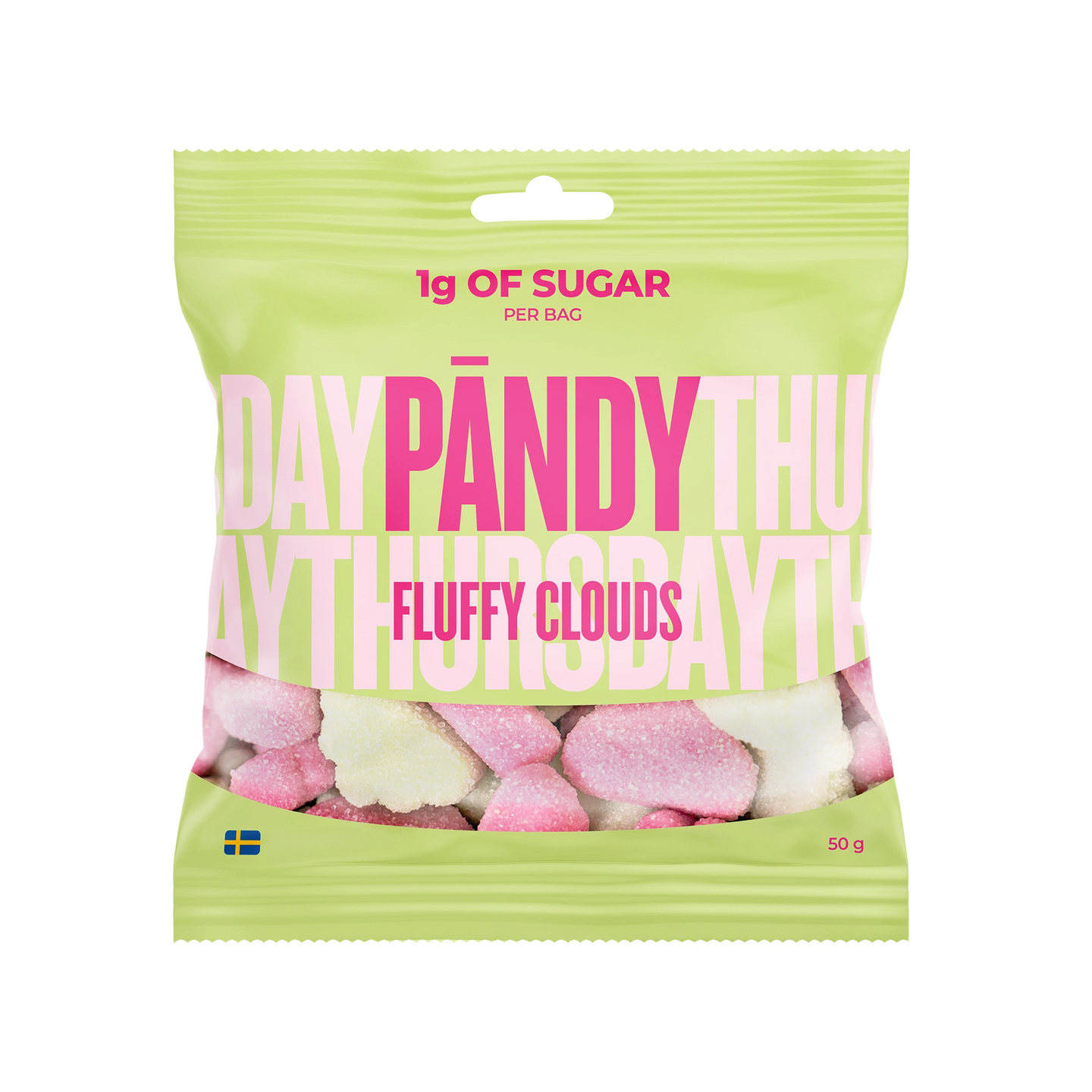 Pändy Candy 50 g Fluffy Clouds -vaahtokarkkeja vaaleanvihreässä pussissa pinkillä tekstillä, makuna ahomansikka ja omena., kuva 1/1