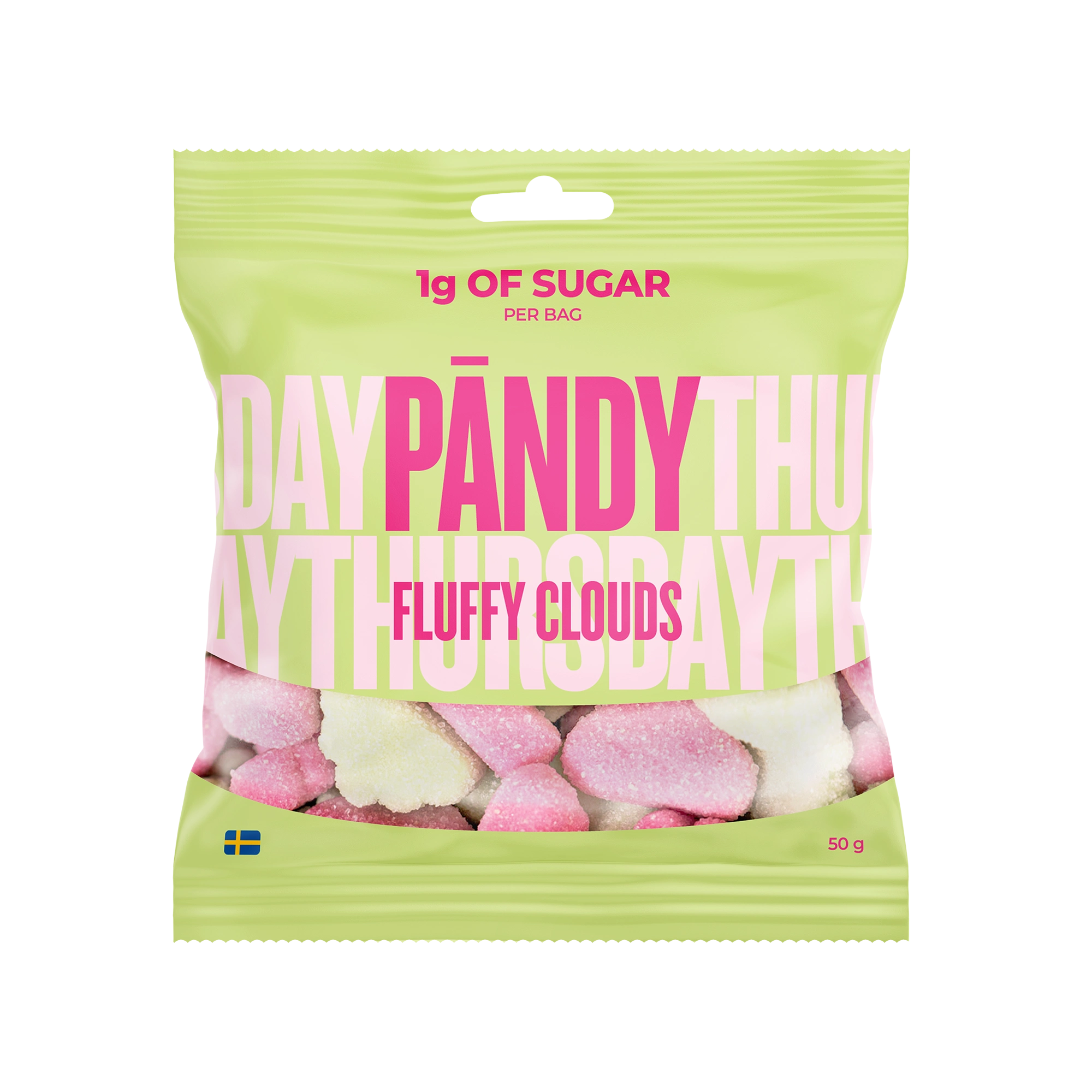 Pändy Candy 50 g Fluffy Clouds -vaahtokarkkeja vaaleanvihreässä pussissa pinkillä tekstillä, makuna ahomansikka ja omena., kuva 1/1