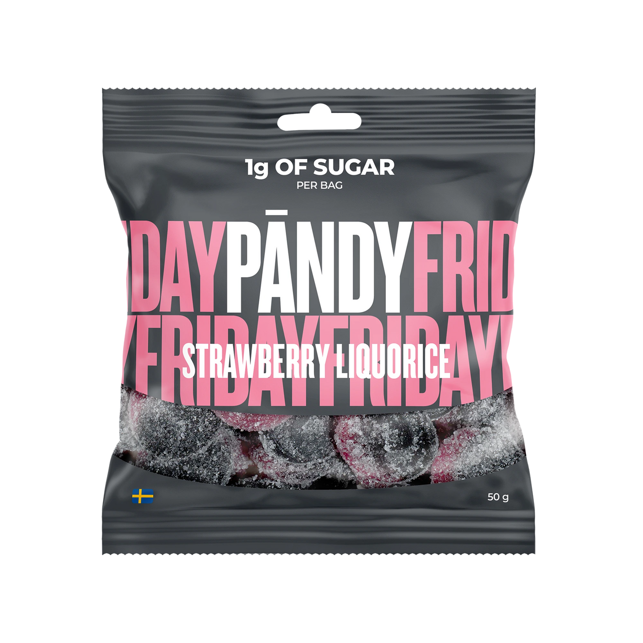 Pändy Candy 50 g -hyytelömakeiset tummanharmaassa pussissa vaaleanpunaisella tekstillä, makuna Strawberry/Liquorice.