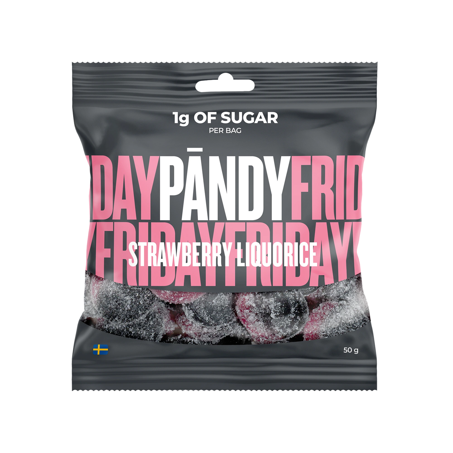 Pändy Candy 50 g -hyytelömakeiset tummanharmaassa pussissa vaaleanpunaisella tekstillä, makuna Strawberry/Liquorice., kuva 1/1