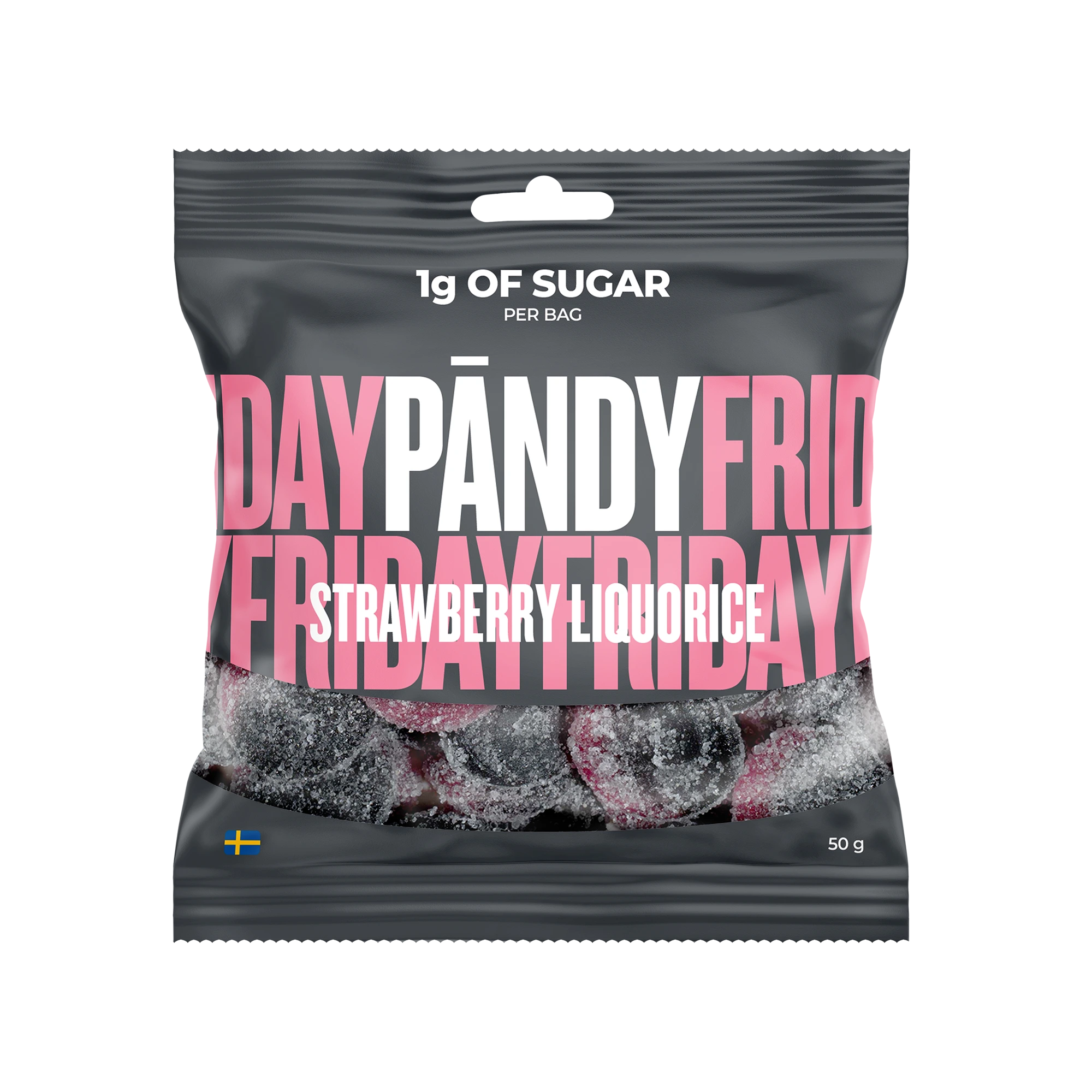 Pändy Candy 50 g -hyytelömakeiset tummanharmaassa pussissa vaaleanpunaisella tekstillä, makuna Strawberry/Liquorice., kuva 1/1