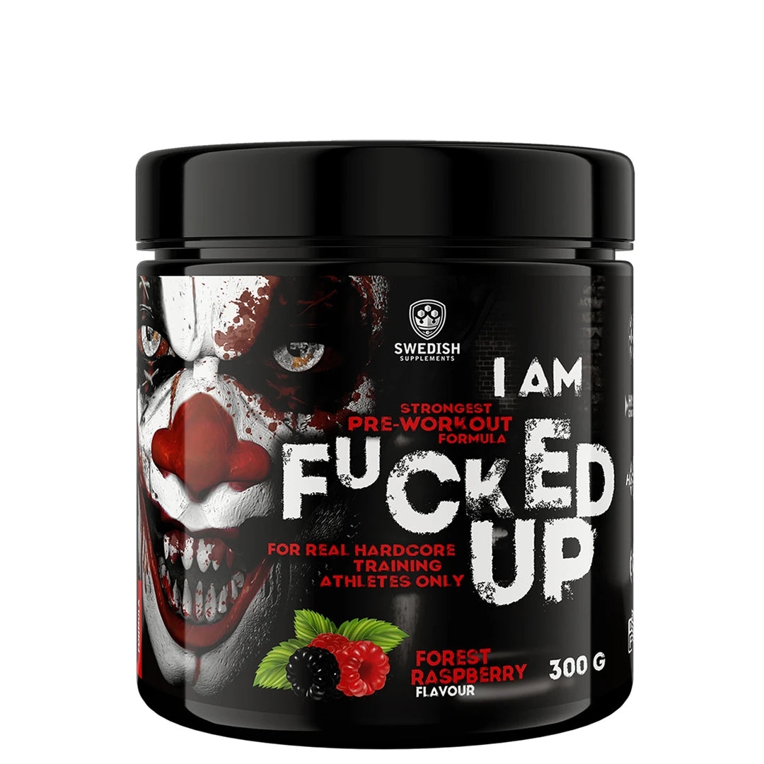 Swedish Supplements Fu*ked up Joker Edition PWO 300 g mustassa purkissa jokerikuvituksella, makuna Forest Raspberry.