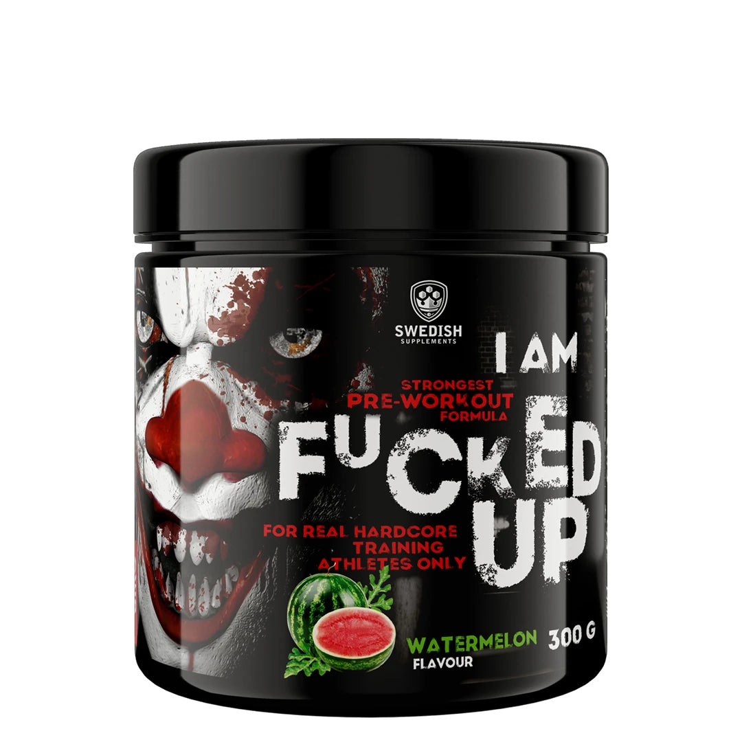 Swedish Supplements Fu*ked up Joker Edition PWO 300 g mustassa purkissa klovnikuvituksella, makuna Watermelon.