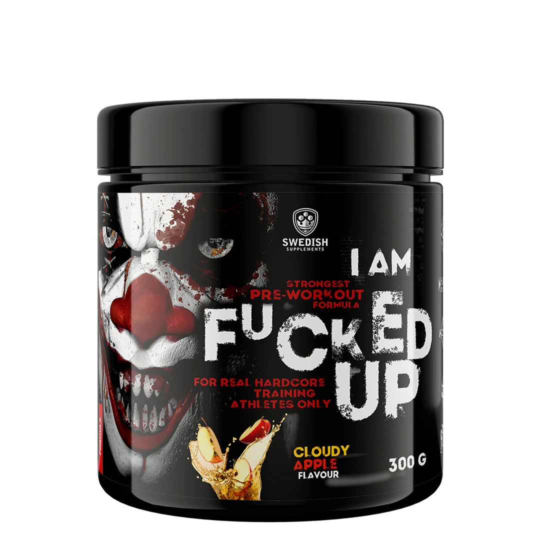 Swedish Supplements Fu*ked up Joker Edition PWO 300 g mustassa purkissa klovnikuvituksella ja omenoilla Cloudy Apple -maulle., kuva 5/8