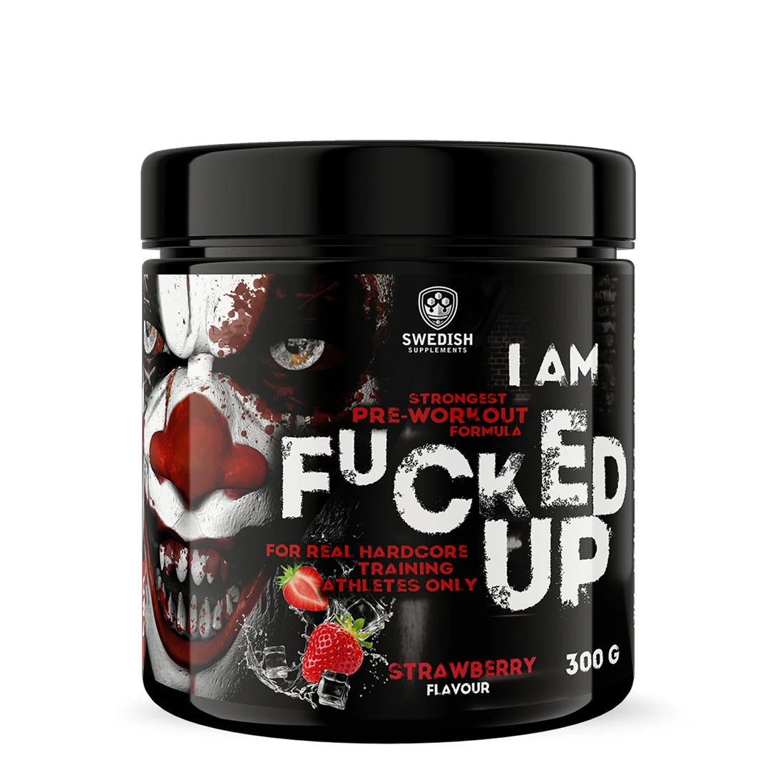 Swedish Supplements Fu*ked up Joker Edition PWO 300 g mustassa purkissa, jossa on jokerikuvio ja mansikoita Strawberry-maulle., kuva 8/8