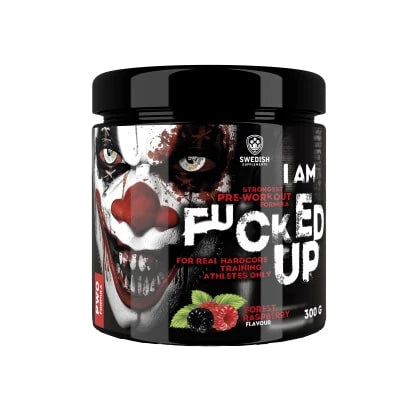 Swedish Supplements Fu*ked up Joker Edition PWO 300 g mustassa jokerikasvoisessa purkissa, makuna Forest Raspberry.