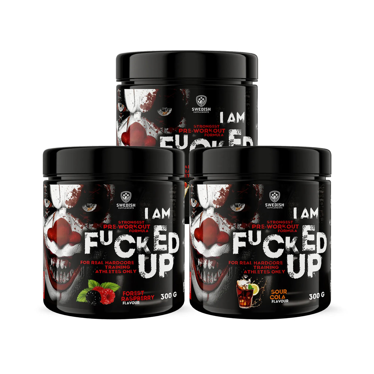 3 x Swedish Supplements Fu*ked up Joker Edition PWO 300 g kolmessa mustassa purkissa ainutlaatuisella klovnidesignilla.