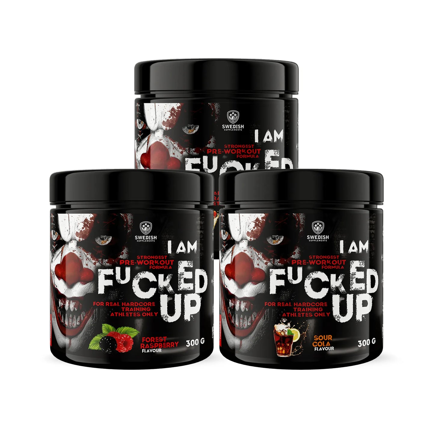 3 x Swedish Supplements Fu*ked up Joker Edition PWO 300 g kolmessa mustassa purkissa ainutlaatuisella klovnidesignilla.