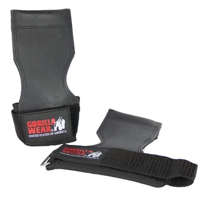 Mustat Gorilla Wear Lifting Grips Black pitävällä kumilevyllä ja tarrakiinnitteisellä rannehihnalla.