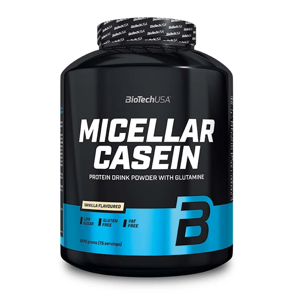 BioTechUSA Micellar Casein 2.27 kg -proteiinijauhe mustassa muovipurkissa vaaleansinisin ja valkoisin yksityiskohdin.