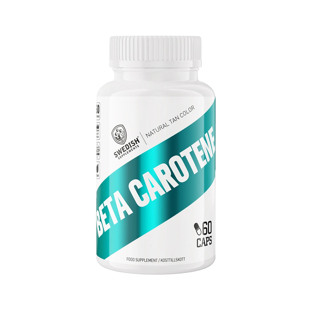Swedish Supplements Beta Caroten 60 caps valkoisessa purkissa turkooseilla yksityiskohdilla.