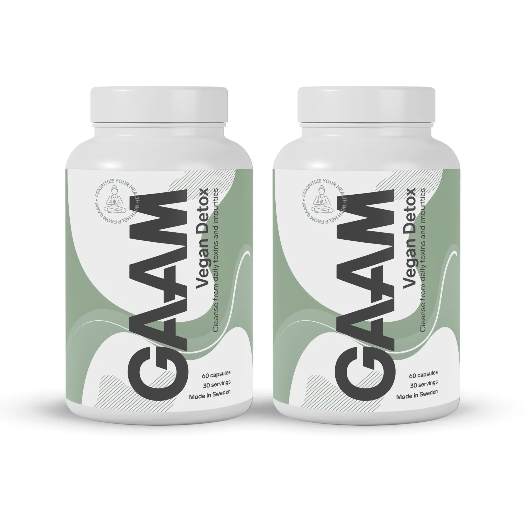 2 x GAAM Vegan Detox 60 caps kahdessa valkoisessa purkissa, joissa on vihreä kuvio ja musta teksti.