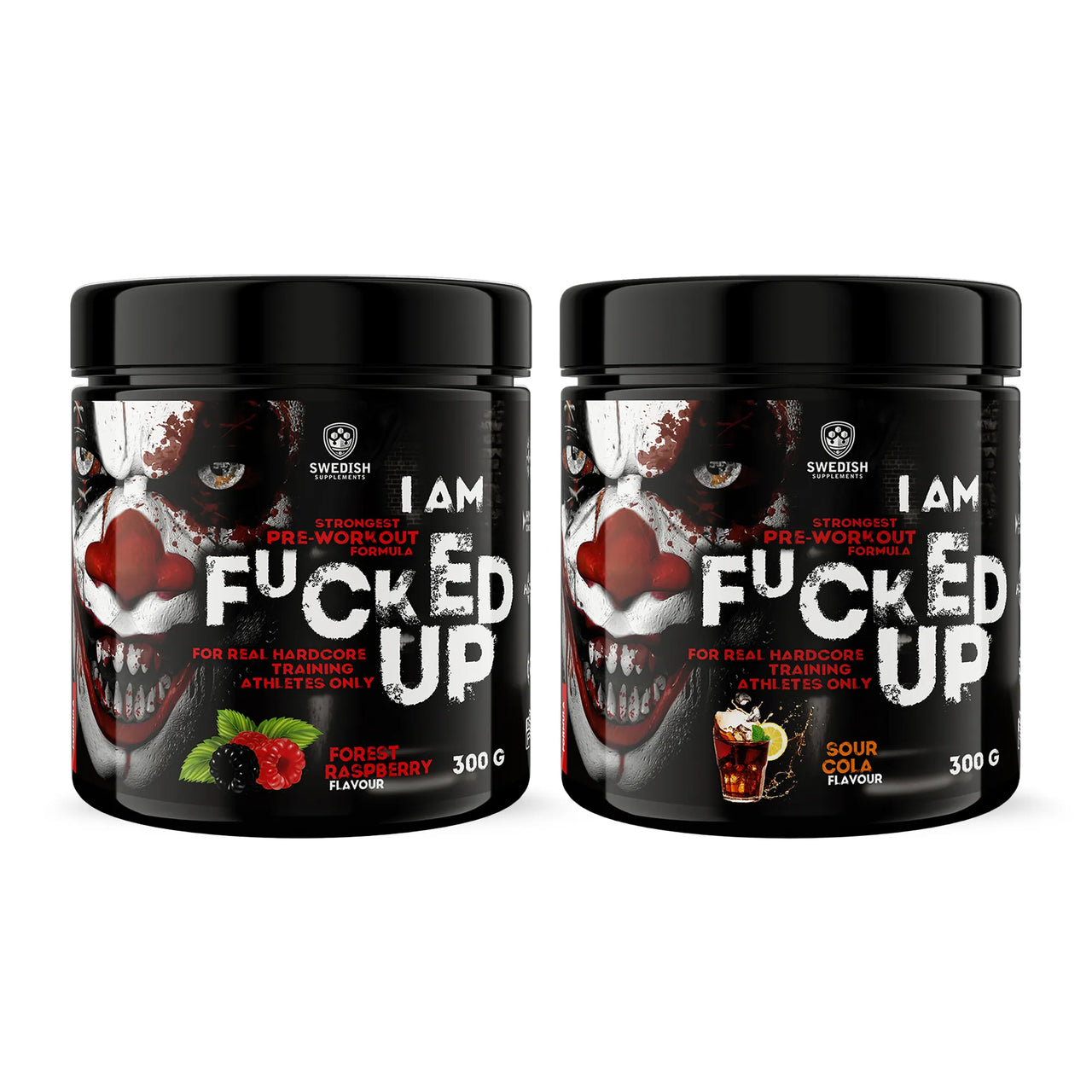 2 x Swedish Supplements Fu*ked up Joker Edition PWO 300 g mustissa pellekuvioiduissa purkeissa kahdessa eri maussa.