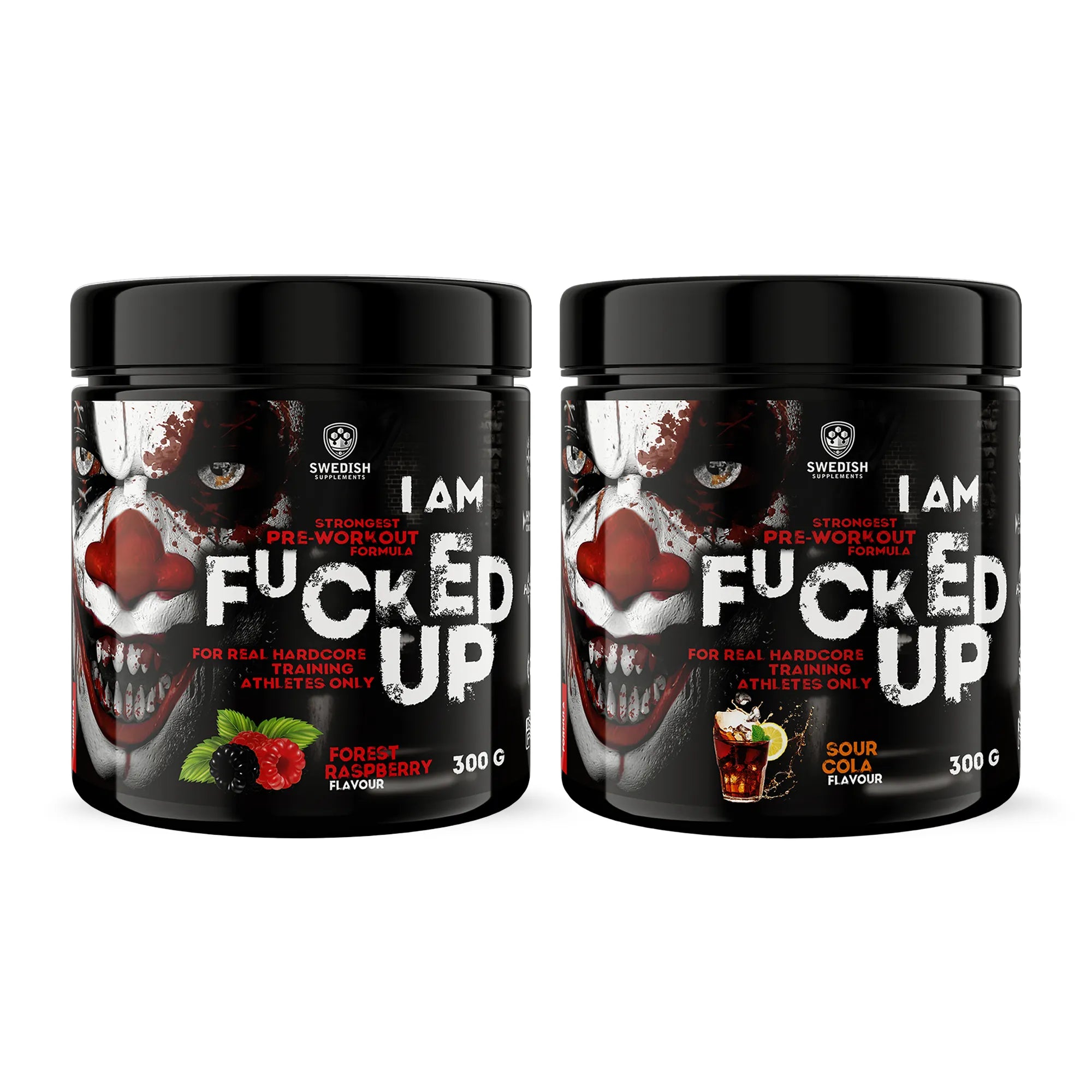2 x Swedish Supplements Fu*ked up Joker Edition PWO 300 g mustissa pellekuvioiduissa purkeissa kahdessa eri maussa.