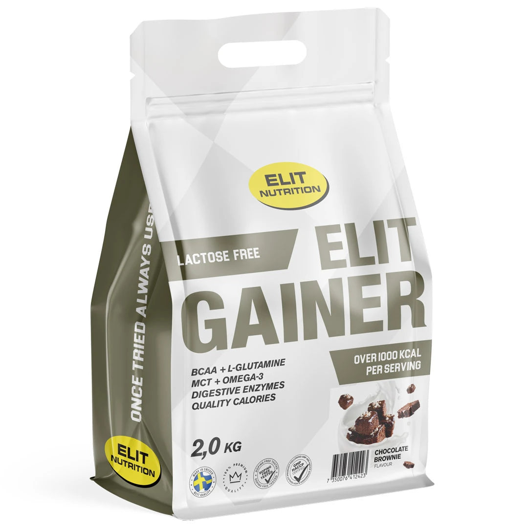 Elit Nutrition Gainer - Lactose Free 2 kg -jauhe valkoisessa pussissa, makuna Chocolate Brownie.