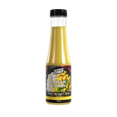 Vähäkalorinen Slender Chef Sauce 350 ml Indian Curry on keltainen kastike läpinäkyvässä, mustakorkkisessa muovipullossa.